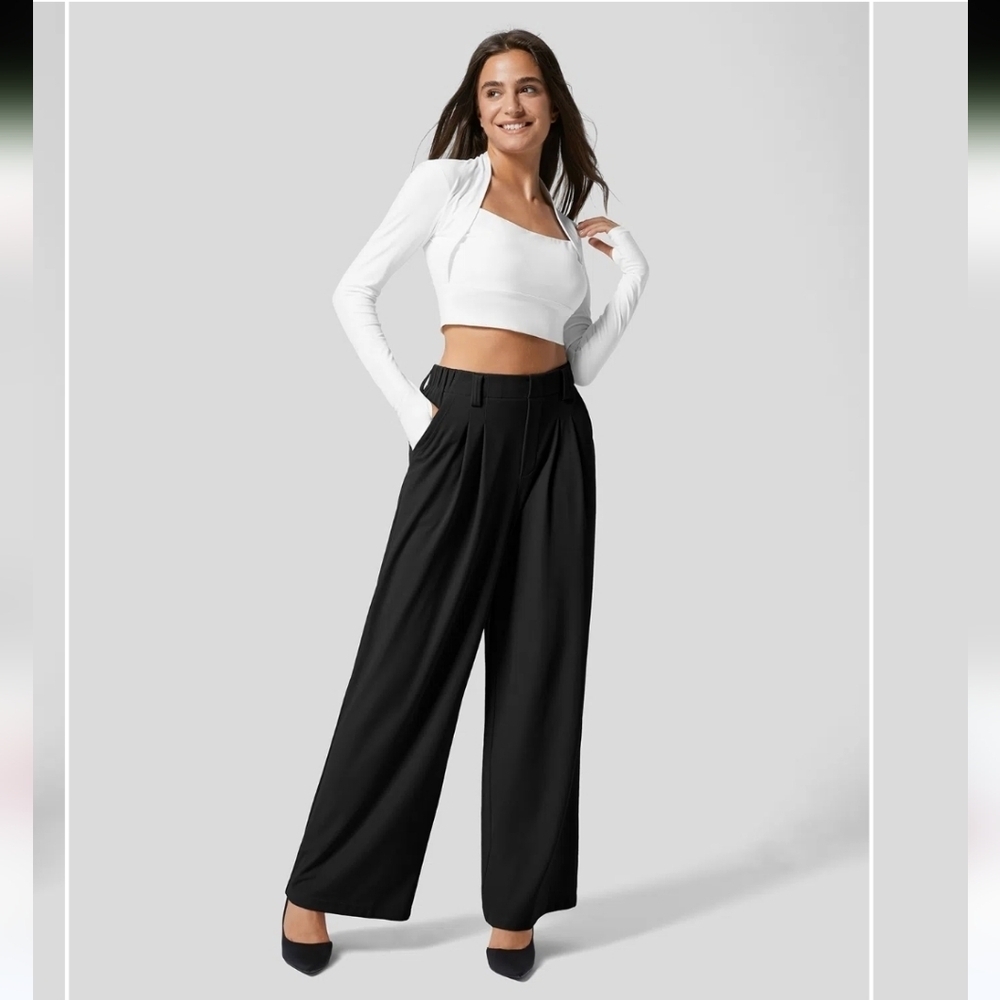 Halara High Waisted Plicated Side Pocket Wide Leg Waffle Work Pants